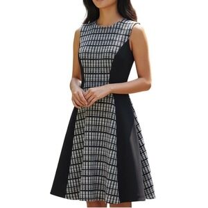Lela Rose Black White Plaid Sleeveless Fit Flare Dress Womens Sz S Stretch Work